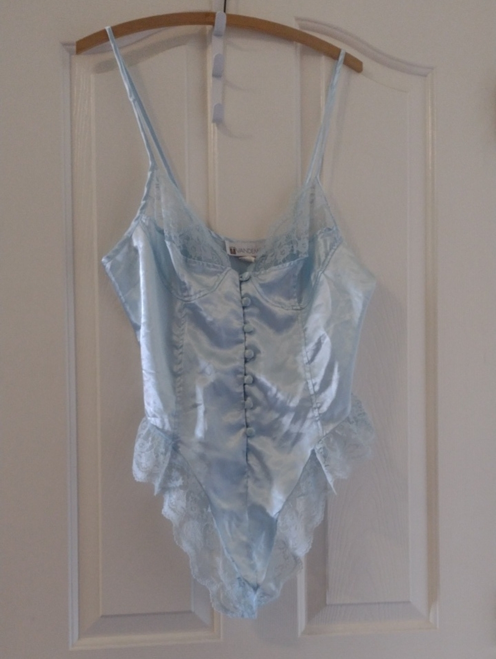 Silky Light Blue Lace-Trim Bodysuit Camisole Vintage
